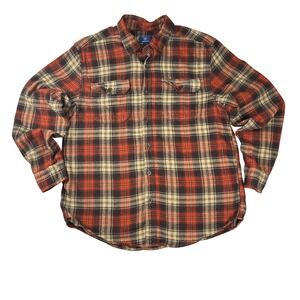 George Mens Plaid Flannel Button Down Shirt Medium Red Black Tan